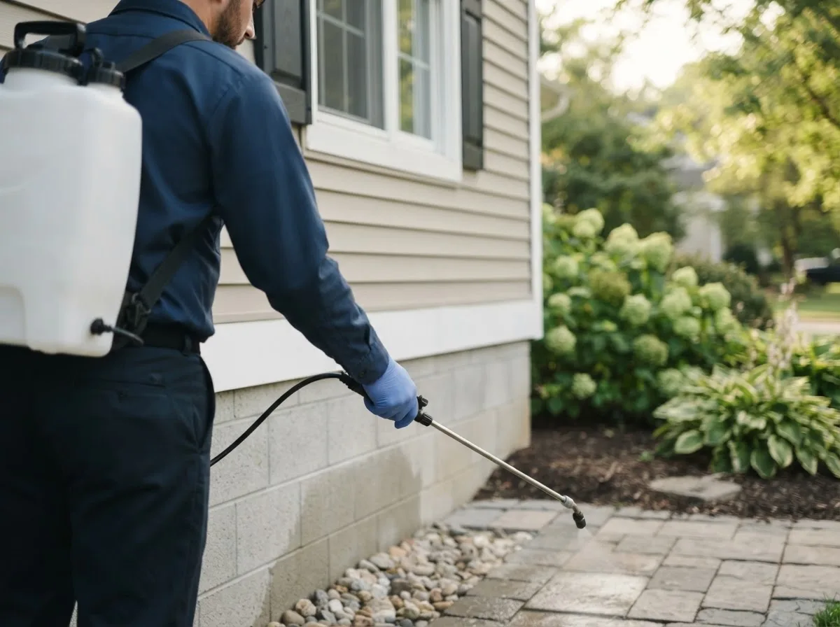Pest control technician inspecting a home in Jewett, TX